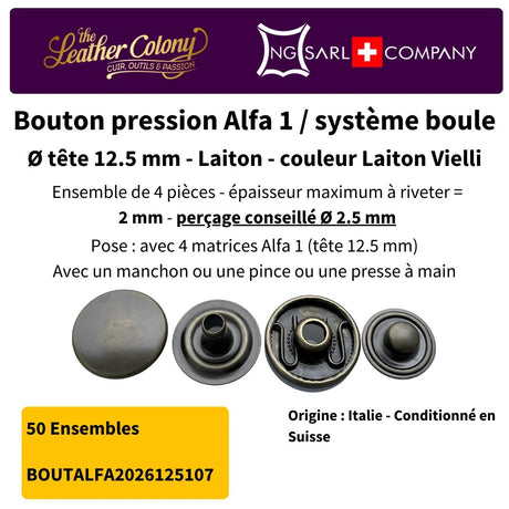 Pressions Alfa1 12.5Mm-14Mm En Laiton Made In Italy (4 Couleurs) - Zoom détaillé