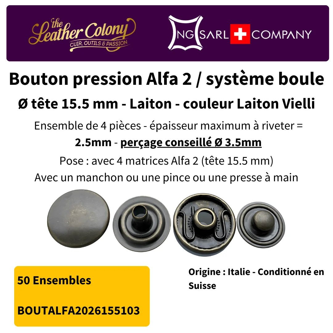 Pressions Alfa2 15.5Mm En Laiton Made In Italy (4 Couleurs) - Zoom détaillé